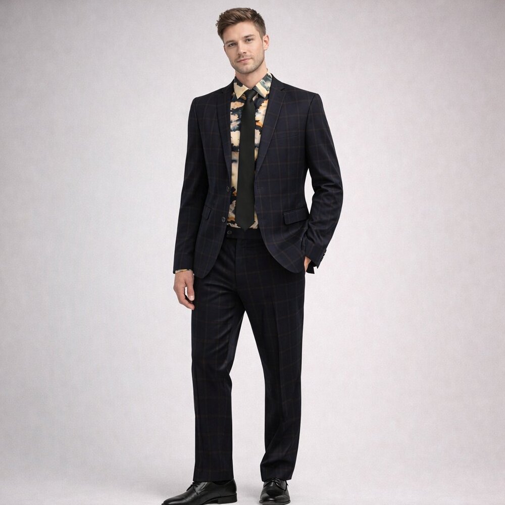 MATINIQUE Dark Blue Navy and Faded Orange Checkered Suit, Shirt, Tie